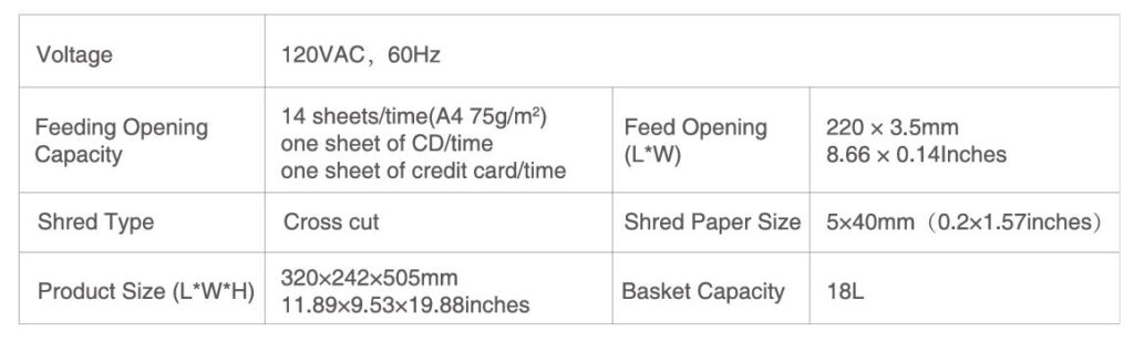 Bonsaii C169-B 14-Sheet Office Paper Shredder Technical Specifications